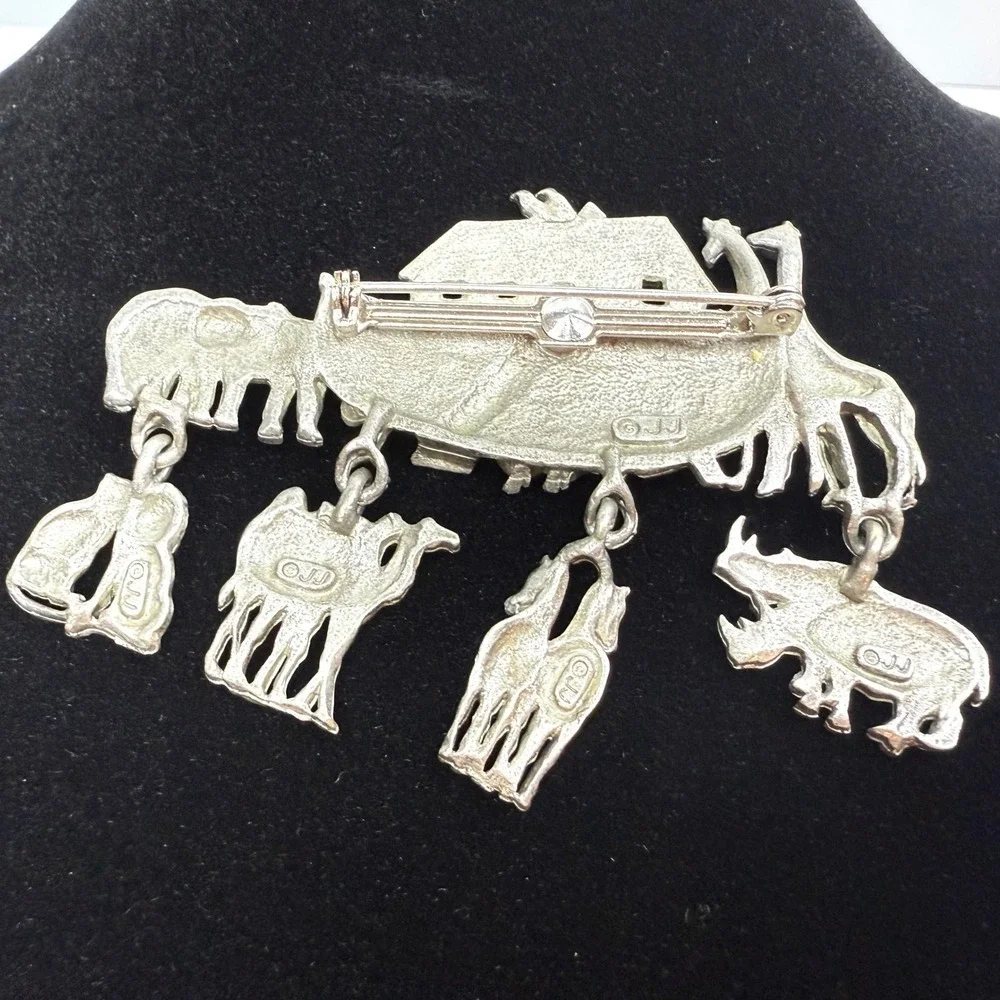 Vintage JJ Noah's Ark Animal Statement Brooch Pin Religious Silver Tone 2 3/4 in